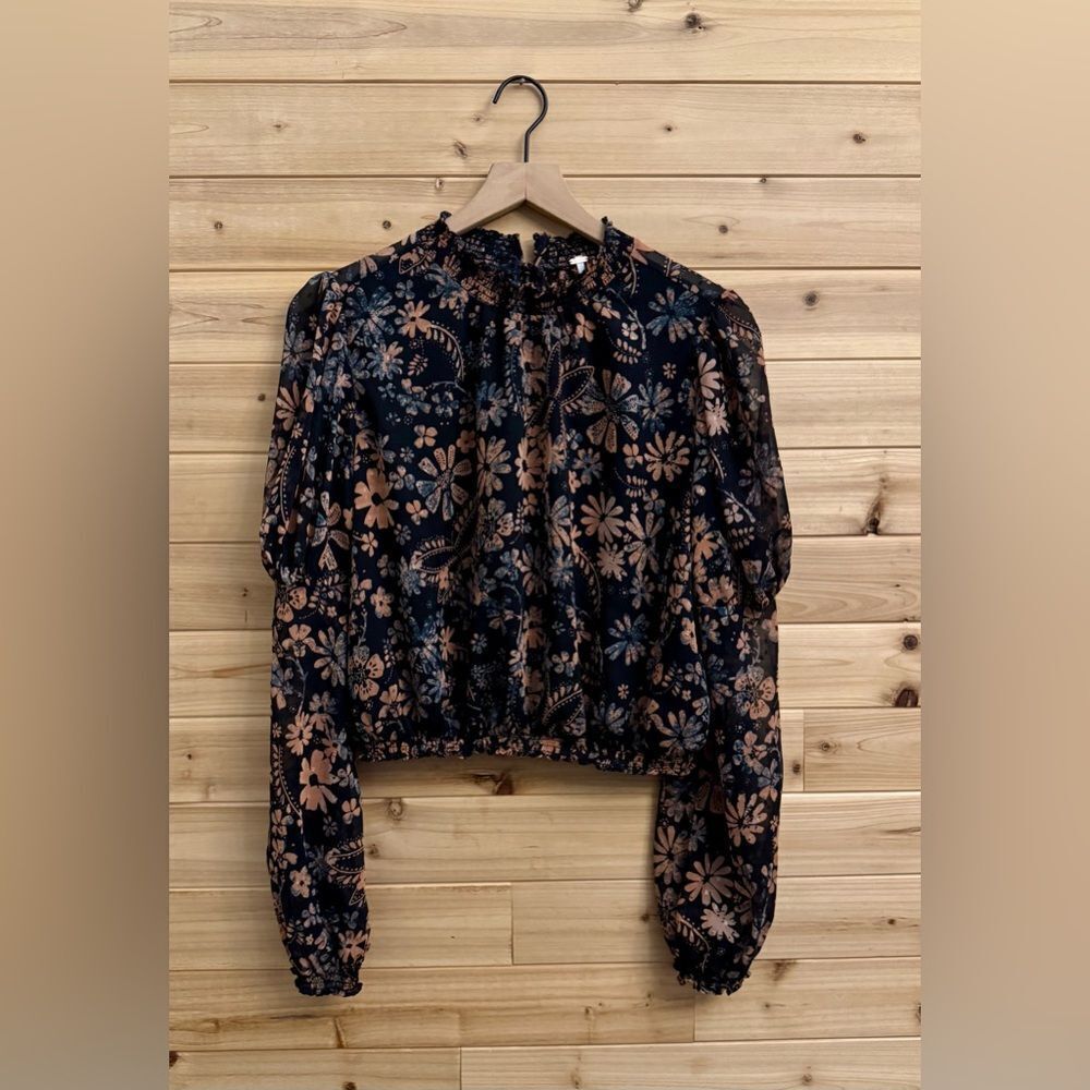 Free People Sz XSmall Clarissa Floral Printed Puff Sleeve Cropped Blouse Revolve
